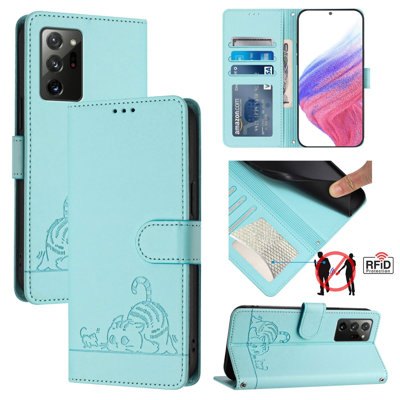 Samsung Galaxy Note 20 Cat and Mouse Embossed PU Leather RFID Case with Wallet Slots, Anti-Fall Protection, Kickstand, and Lanyard-buycases.co.uk