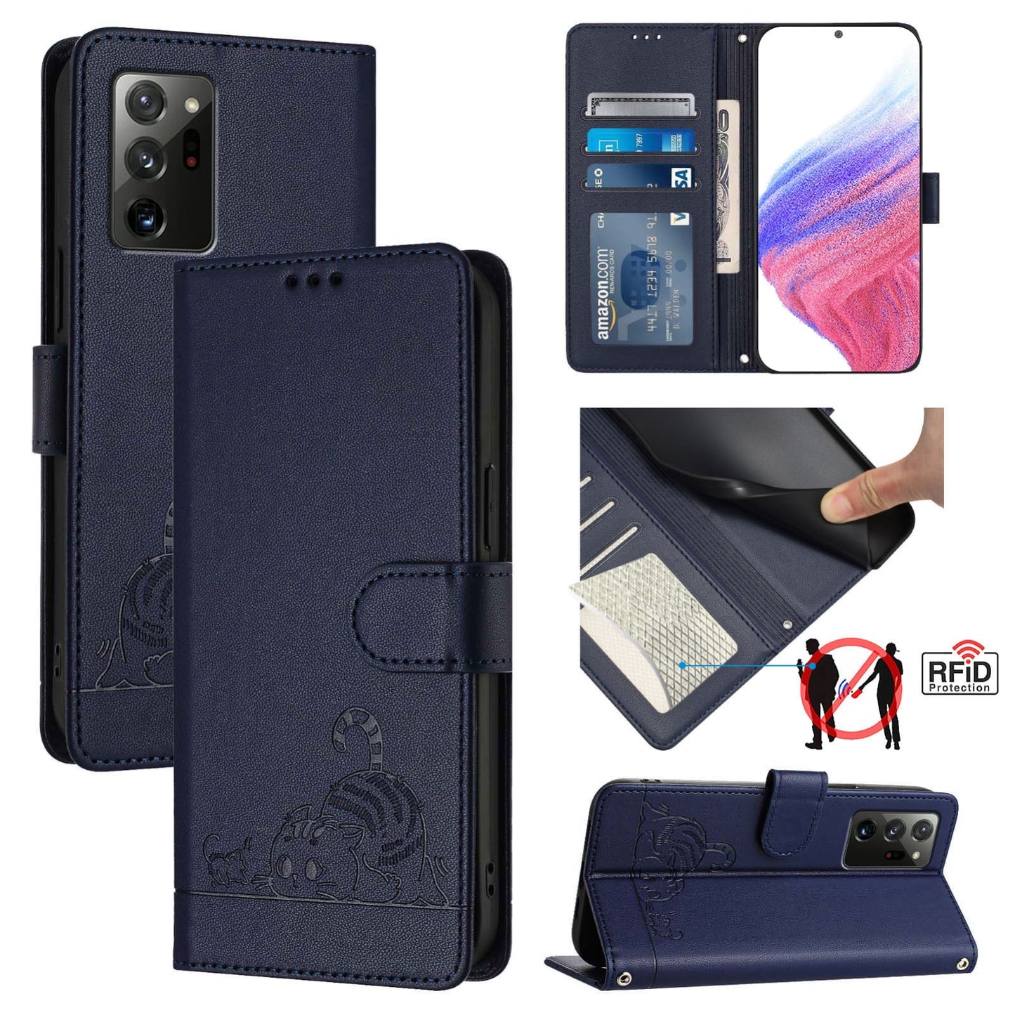 Samsung Galaxy Note 20 Cat and Mouse Embossed PU Leather RFID Case with Wallet Slots, Anti-Fall Protection, Kickstand, and Lanyard-buycases.co.uk
