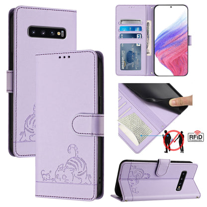 Samsung Galaxy S10 Cat and Mouse Embossed PU Leather RFID Case with Wallet Slots, Anti-Fall Protection, Kickstand, and Lanyard-buycases.co.uk