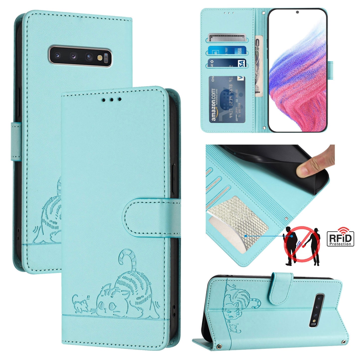 Samsung Galaxy S10+ Cat and Mouse Embossed PU Leather RFID Case with Wallet Slots, Anti-Fall Protection, Kickstand, and Lanyard-buycases.co.uk