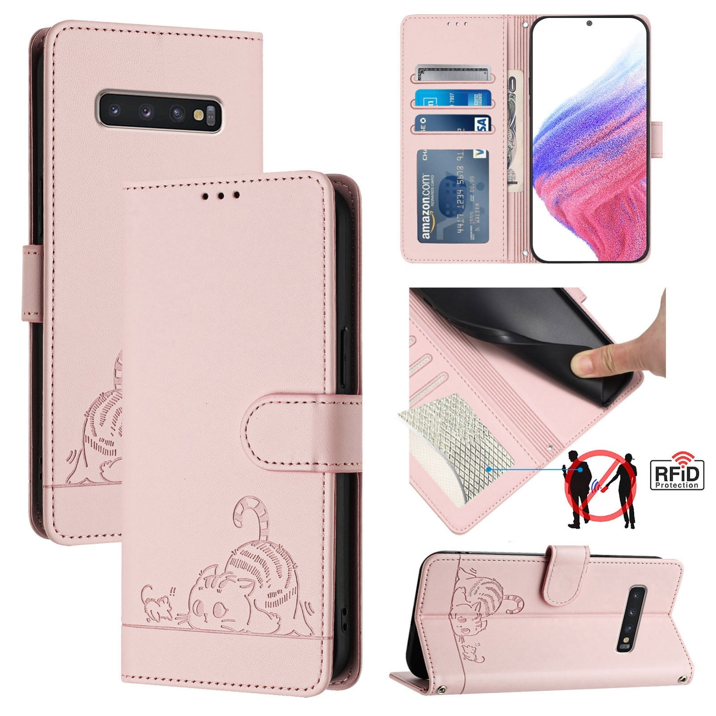 Samsung Galaxy S10+ Cat and Mouse Embossed PU Leather RFID Case with Wallet Slots, Anti-Fall Protection, Kickstand, and Lanyard-buycases.co.uk