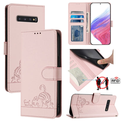 Samsung Galaxy S10+ Cat and Mouse Embossed PU Leather RFID Case with Wallet Slots, Anti-Fall Protection, Kickstand, and Lanyard-buycases.co.uk