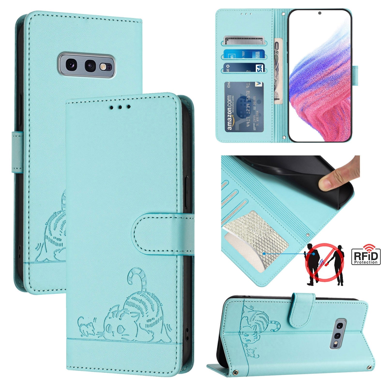 Samsung Galaxy S10e Cat and Mouse Embossed PU Leather RFID Case with Wallet Slots, Anti-Fall Protection, Kickstand, and Lanyard-buycases.co.uk