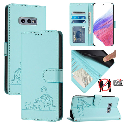 Samsung Galaxy S10e Cat and Mouse Embossed PU Leather RFID Case with Wallet Slots, Anti-Fall Protection, Kickstand, and Lanyard-buycases.co.uk