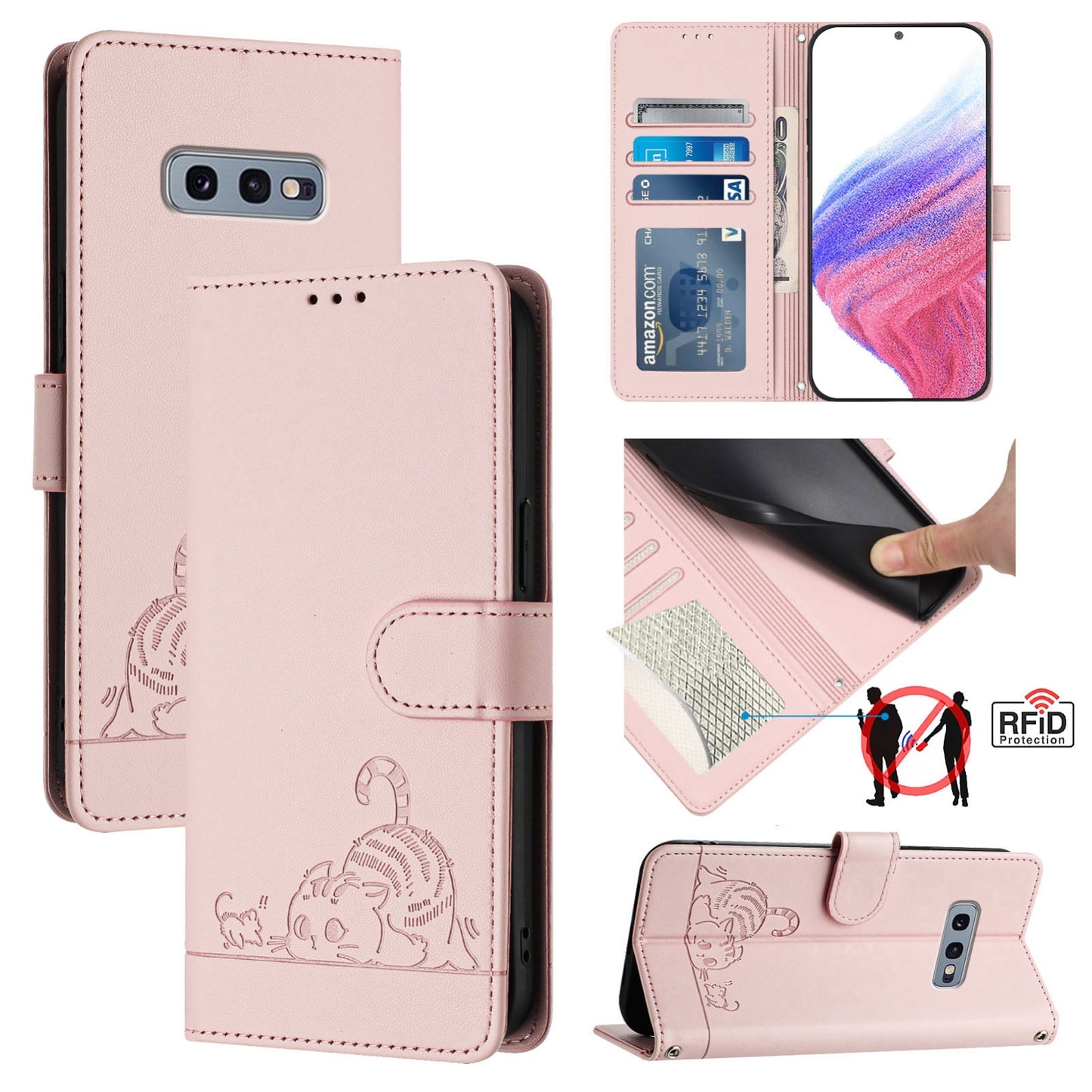 Samsung Galaxy S10e Cat and Mouse Embossed PU Leather RFID Case with Wallet Slots, Anti-Fall Protection, Kickstand, and Lanyard-buycases.co.uk