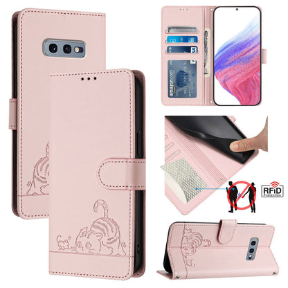 Samsung Galaxy S10e Cat and Mouse Embossed PU Leather RFID Case with Wallet Slots, Anti-Fall Protection, Kickstand, and Lanyard-buycases.co.uk