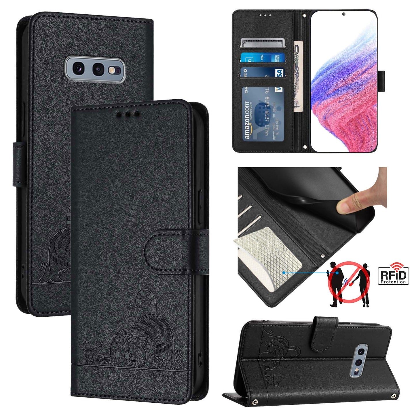 Samsung Galaxy S10e Cat and Mouse Embossed PU Leather RFID Case with Wallet Slots, Anti-Fall Protection, Kickstand, and Lanyard-buycases.co.uk