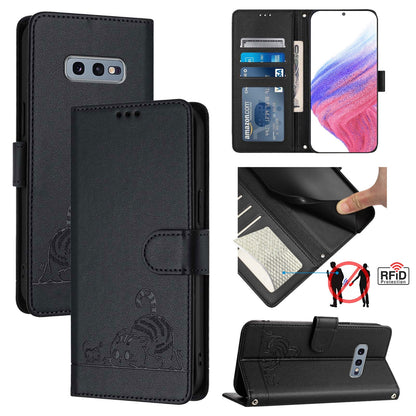 Samsung Galaxy S10e Cat and Mouse Embossed PU Leather RFID Case with Wallet Slots, Anti-Fall Protection, Kickstand, and Lanyard-buycases.co.uk