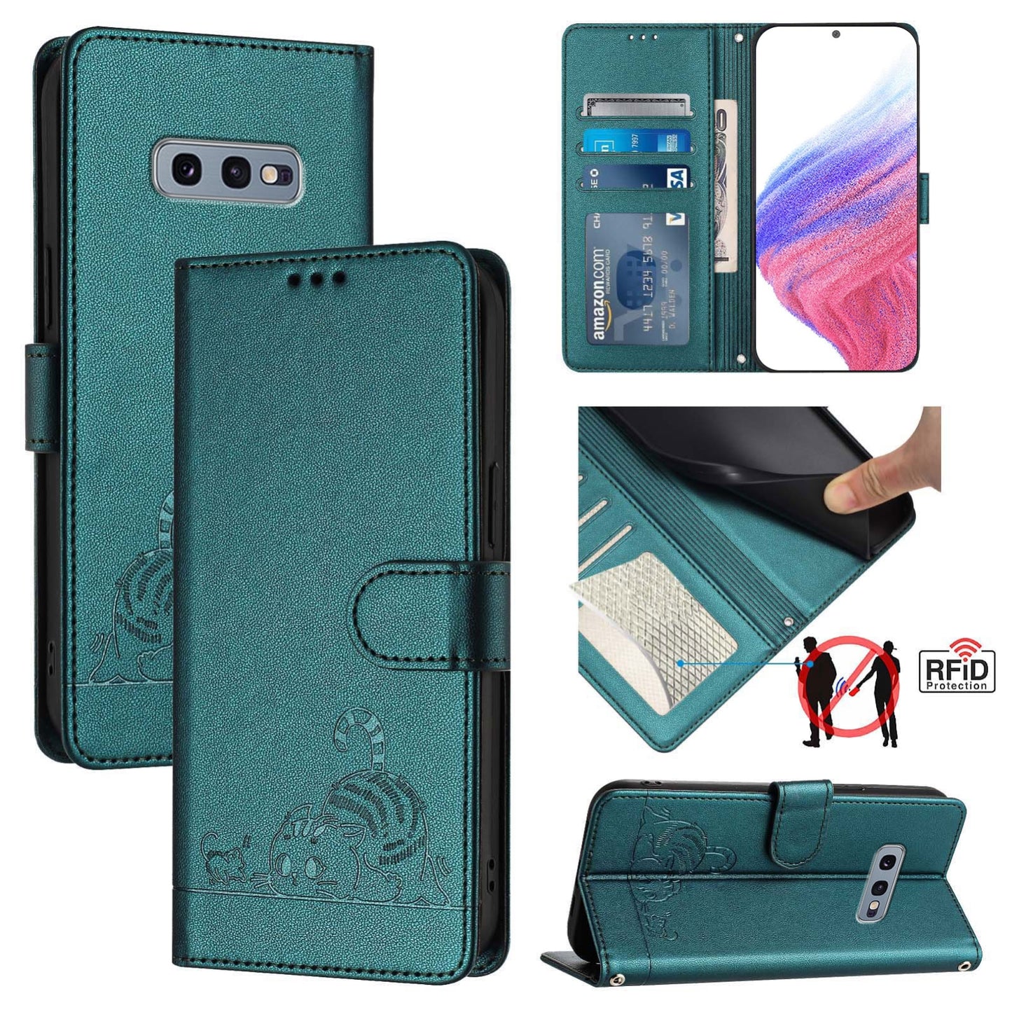Samsung Galaxy S10e Cat and Mouse Embossed PU Leather RFID Case with Wallet Slots, Anti-Fall Protection, Kickstand, and Lanyard-buycases.co.uk