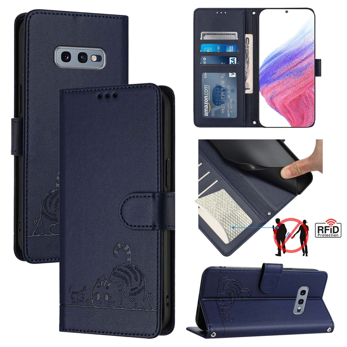 Samsung Galaxy S10e Cat and Mouse Embossed PU Leather RFID Case with Wallet Slots, Anti-Fall Protection, Kickstand, and Lanyard-buycases.co.uk