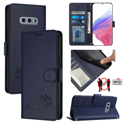 Samsung Galaxy S10e Cat and Mouse Embossed PU Leather RFID Case with Wallet Slots, Anti-Fall Protection, Kickstand, and Lanyard-buycases.co.uk