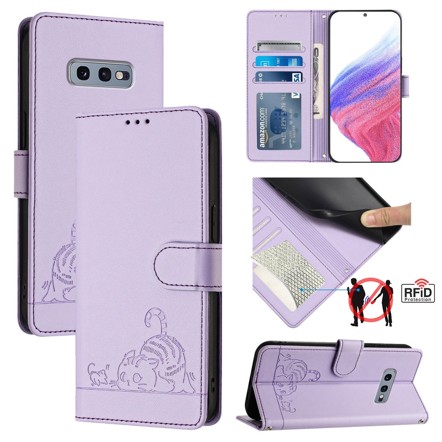 Samsung Galaxy S10e Cat and Mouse Embossed PU Leather RFID Case with Wallet Slots, Anti-Fall Protection, Kickstand, and Lanyard-buycases.co.uk