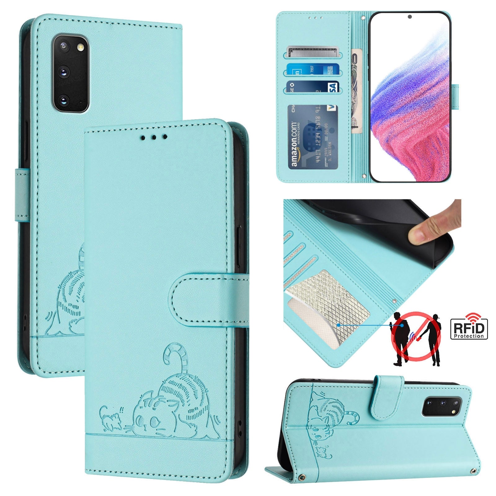 Samsung Galaxy S20 FE 5G Cat and Mouse Embossed PU Leather RFID Case with Wallet Slots, Anti-Fall Protection, Kickstand, and Lanyard-buycases.co.uk