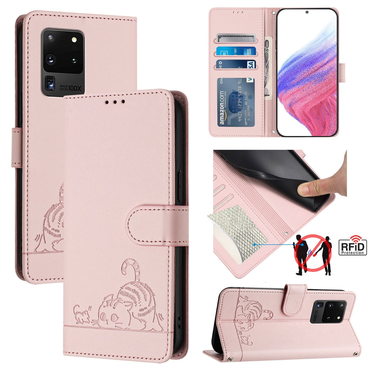 Samsung Galaxy S20 Ultra Cat and Mouse Embossed PU Leather RFID Case with Wallet Slots, Anti-Fall Protection, Kickstand, and Lanyard-buycases.co.uk
