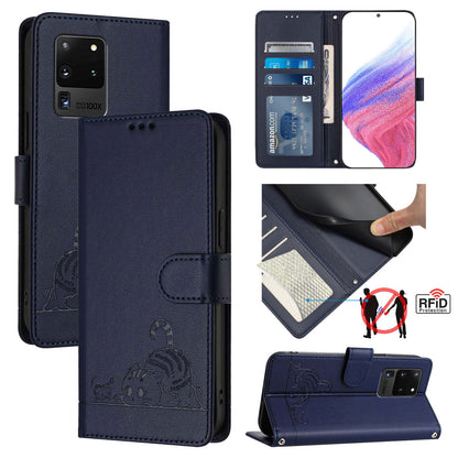 Samsung Galaxy S20 Ultra Cat and Mouse Embossed PU Leather RFID Case with Wallet Slots, Anti-Fall Protection, Kickstand, and Lanyard-buycases.co.uk