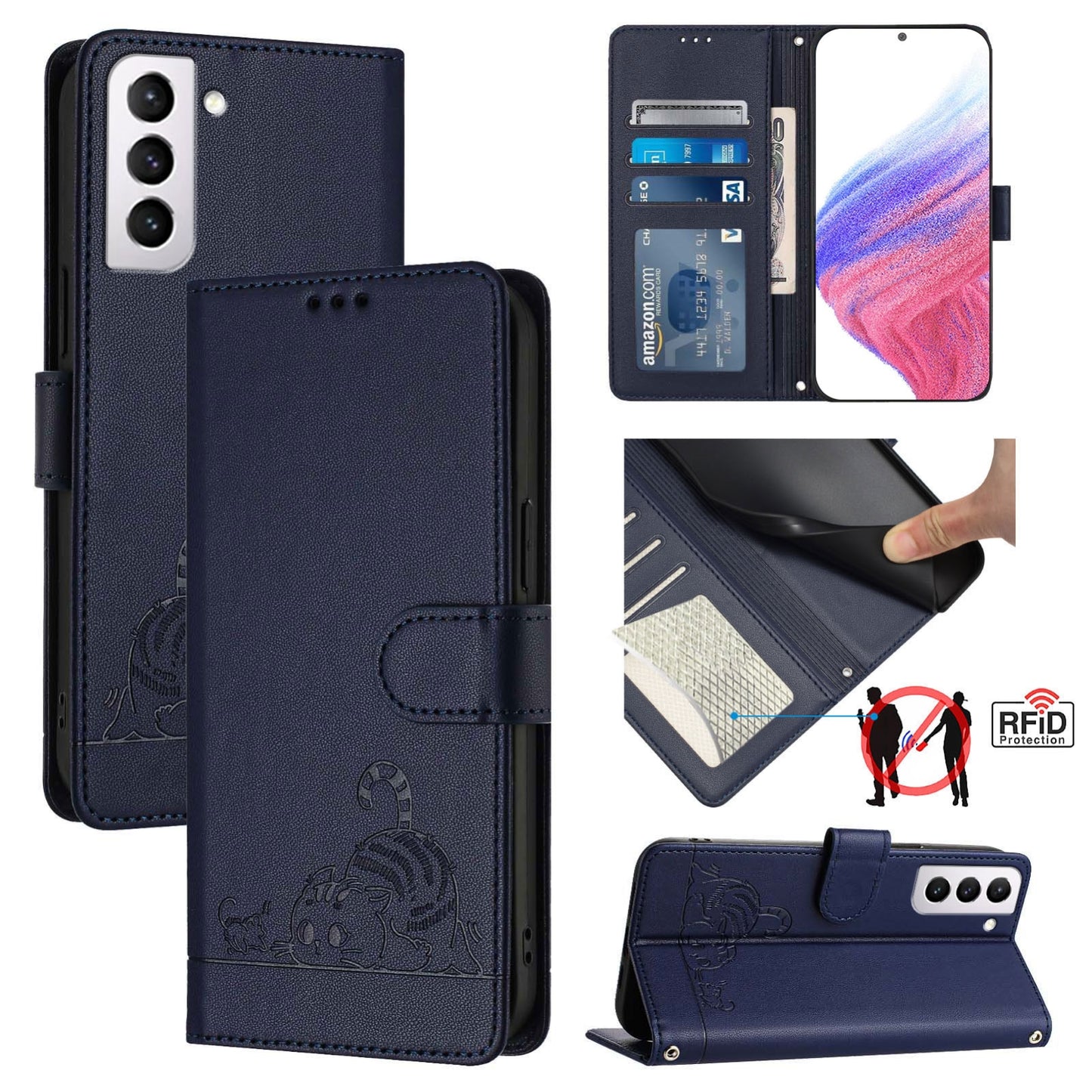 Samsung Galaxy S21 FE 5G Cat and Mouse Embossed PU Leather RFID Case with Wallet Slots, Anti-Fall Protection, Kickstand, and Lanyard-buycases.co.uk