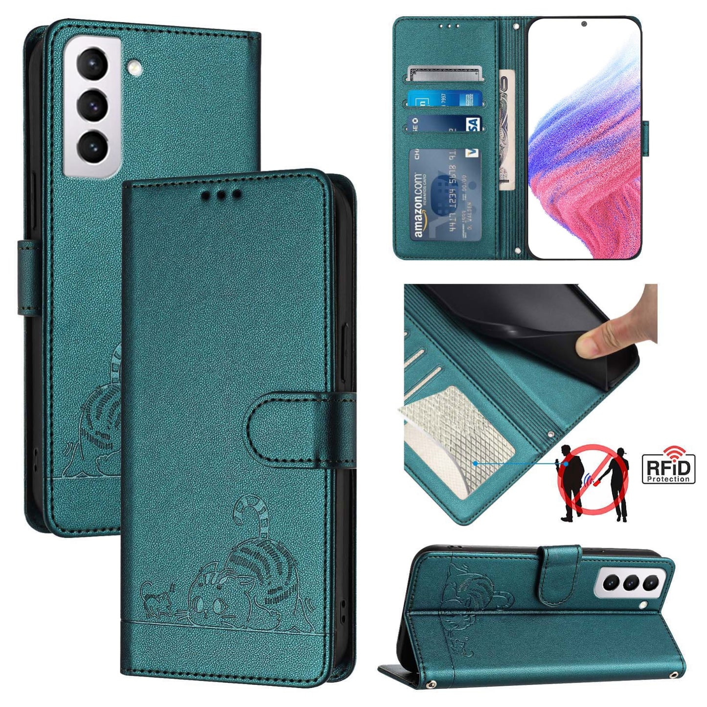 Samsung Galaxy S21+ 5G Cat and Mouse Embossed PU Leather RFID Case with Wallet Slots, Anti-Fall Protection, Kickstand, and Lanyard-buycases.co.uk