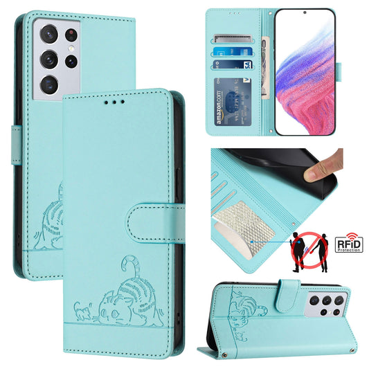 Samsung Galaxy S21 Ultra 5G Cat and Mouse Embossed PU Leather RFID Case with Wallet Slots, Anti-Fall Protection, Kickstand, and Lanyard-buycases.co.uk