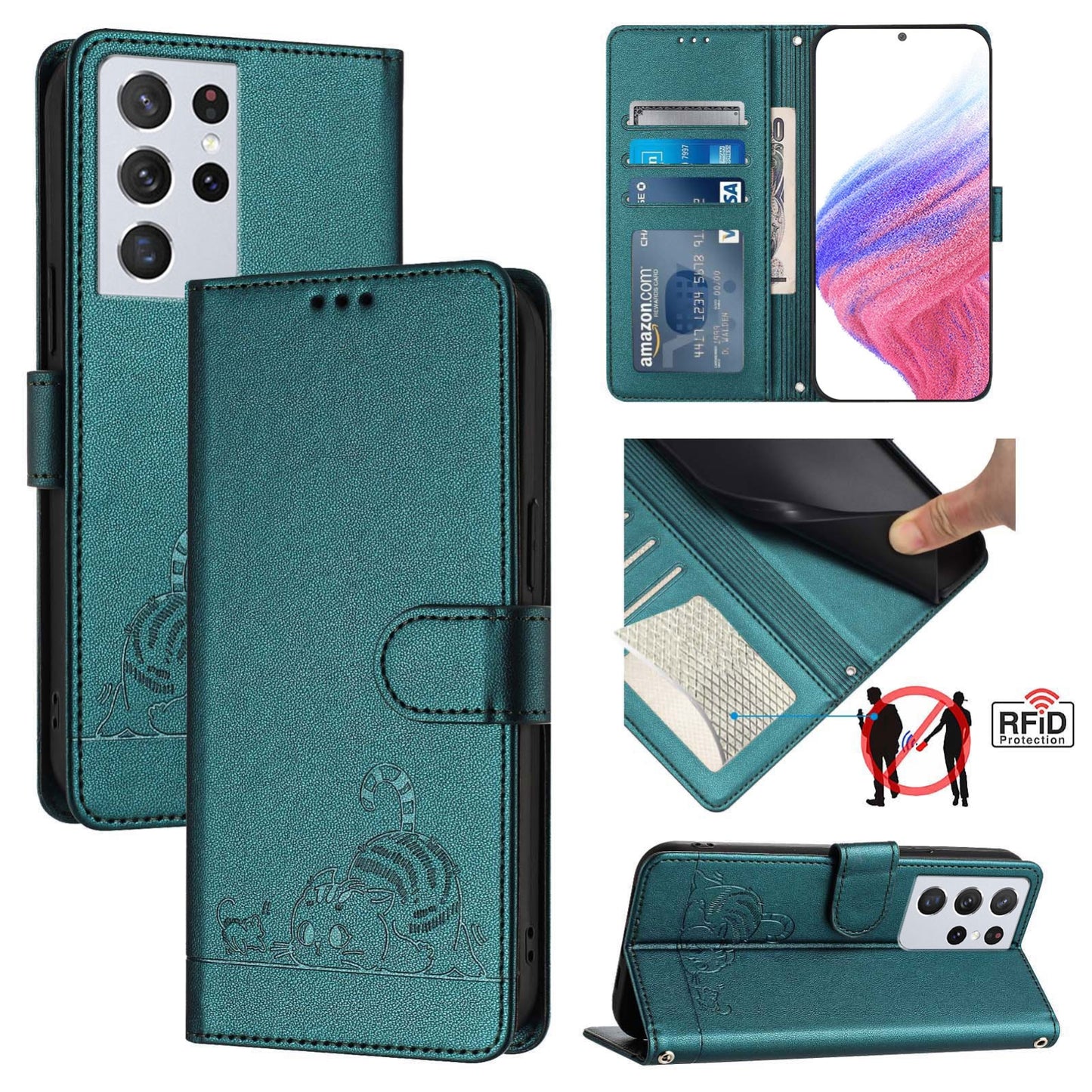 Samsung Galaxy S21 Ultra 5G Cat and Mouse Embossed PU Leather RFID Case with Wallet Slots, Anti-Fall Protection, Kickstand, and Lanyard-buycases.co.uk
