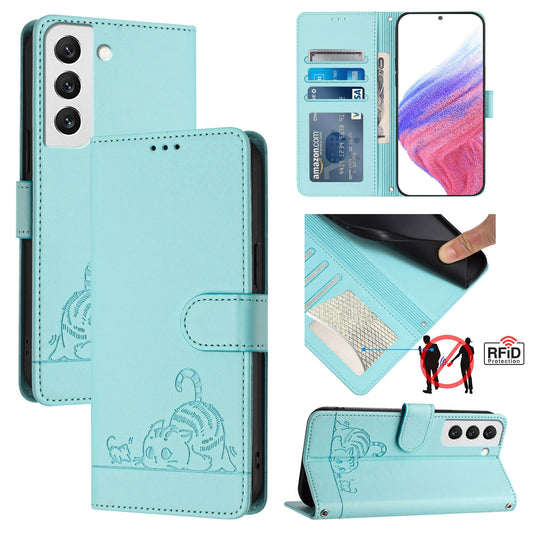 Samsung Galaxy S22 5G Cat and Mouse Embossed PU Leather RFID Case with Wallet Slots, Anti-Fall Protection, Kickstand, and Lanyard-buycases.co.uk