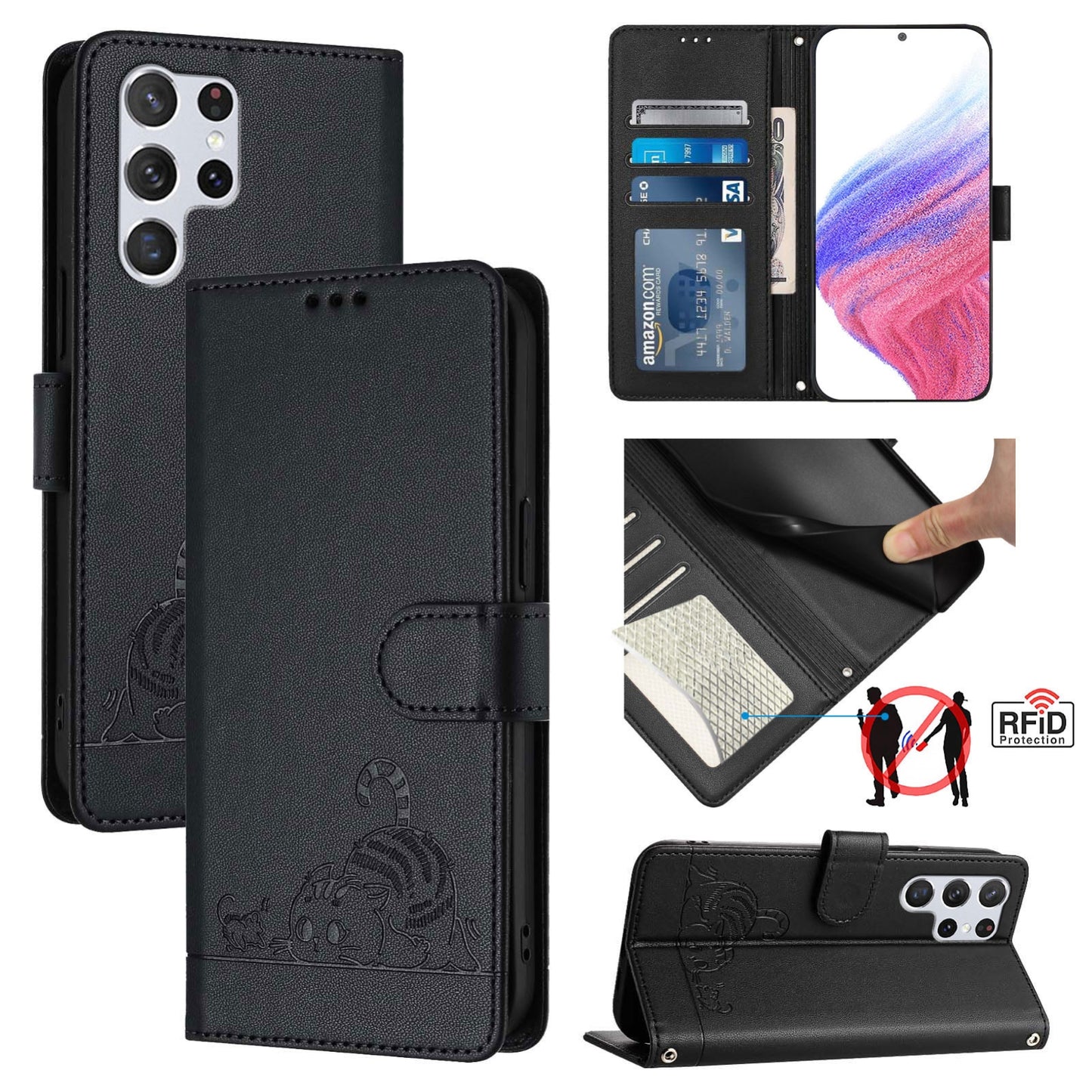 Samsung Galaxy S22 Ultra 5G Cat and Mouse Embossed PU Leather RFID Case with Wallet Slots, Anti-Fall Protection, Kickstand, and Lanyard-buycases.co.uk