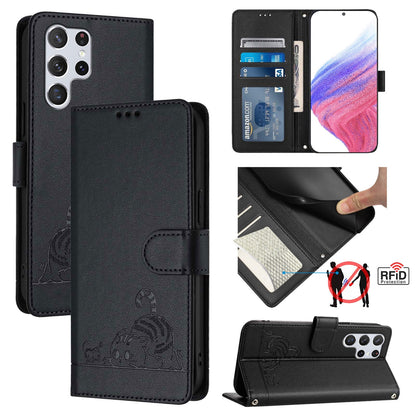 Samsung Galaxy S22 Ultra 5G Cat and Mouse Embossed PU Leather RFID Case with Wallet Slots, Anti-Fall Protection, Kickstand, and Lanyard-buycases.co.uk