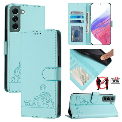 Samsung Galaxy S22+ 5G Cat and Mouse Embossed PU Leather RFID Case with Wallet Slots, Anti-Fall Protection, Kickstand, and Lanyard-buycases.co.uk