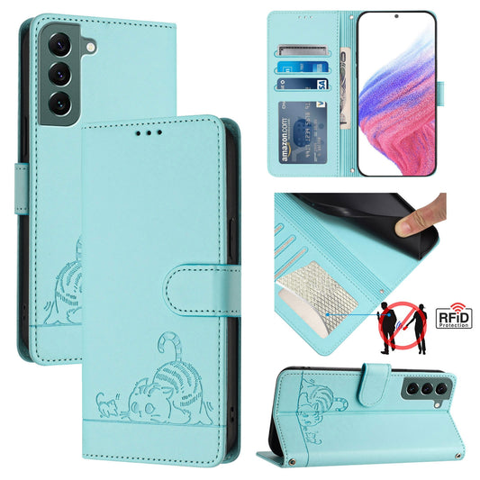 Samsung Galaxy S22+ 5G Cat and Mouse Embossed PU Leather RFID Case with Wallet Slots, Anti-Fall Protection, Kickstand, and Lanyard-buycases.co.uk