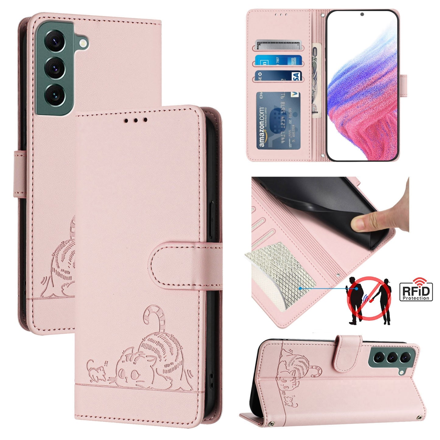Samsung Galaxy S22+ 5G Cat and Mouse Embossed PU Leather RFID Case with Wallet Slots, Anti-Fall Protection, Kickstand, and Lanyard-buycases.co.uk