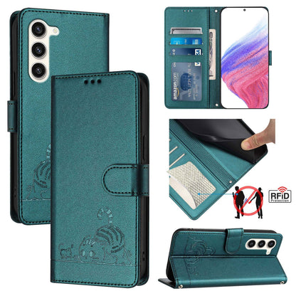 Samsung Galaxy S23 5G Cat and Mouse Embossed PU Leather RFID Case with Wallet Slots, Anti-Fall Protection, Kickstand, and Lanyard-buycases.co.uk
