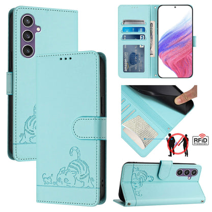 Samsung Galaxy S23 FE 5G Cat and Mouse Embossed PU Leather RFID Case with Wallet Slots, Anti-Fall Protection, Kickstand, and Lanyard-buycases.co.uk