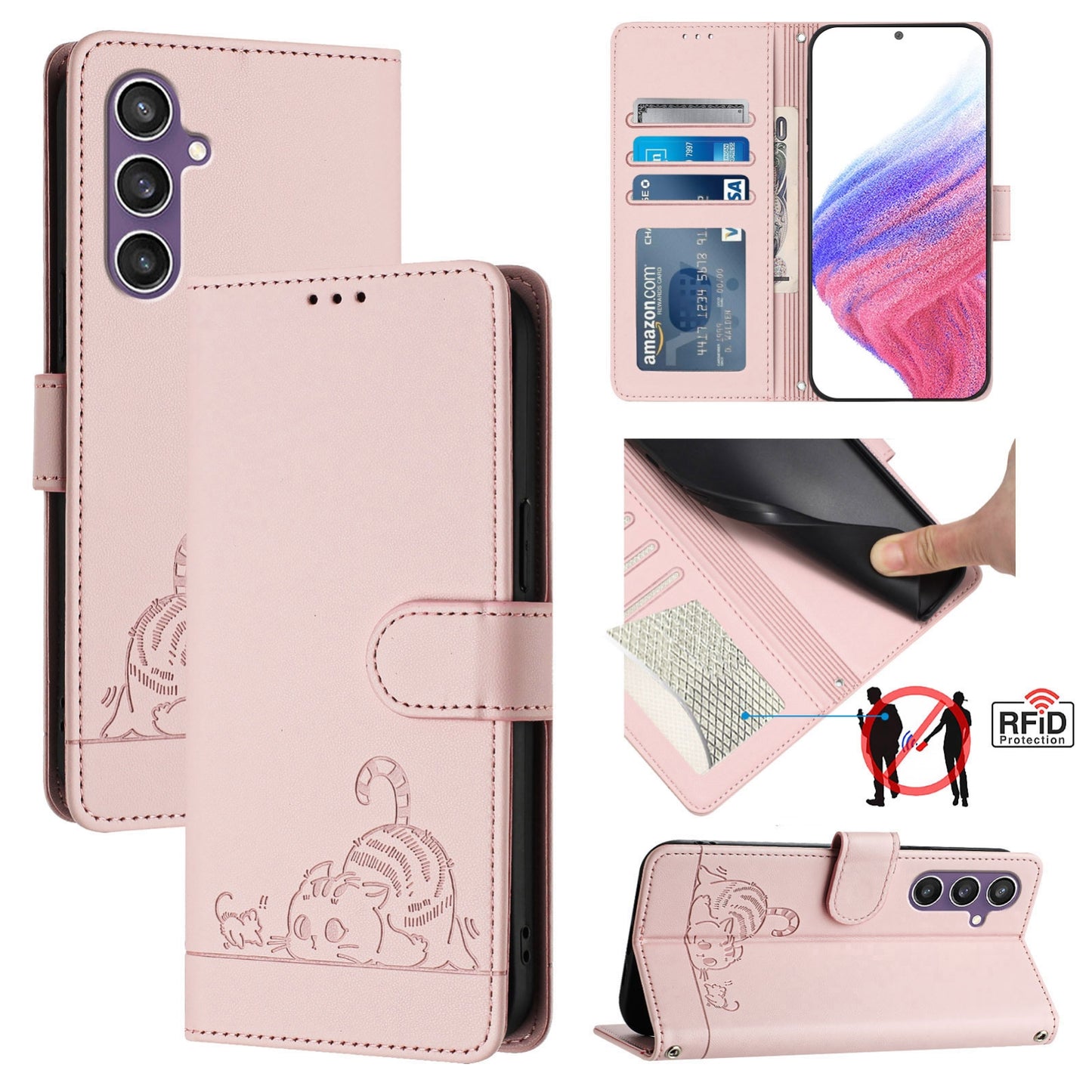 Samsung Galaxy S23 FE 5G Cat and Mouse Embossed PU Leather RFID Case with Wallet Slots, Anti-Fall Protection, Kickstand, and Lanyard-buycases.co.uk