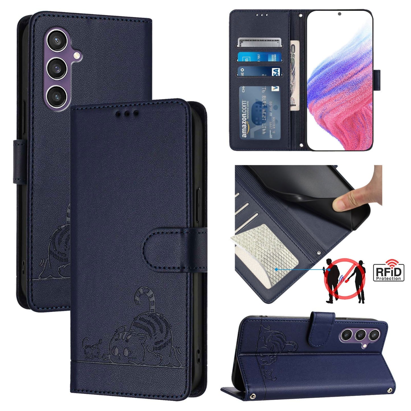 Samsung Galaxy S23 FE 5G Cat and Mouse Embossed PU Leather RFID Case with Wallet Slots, Anti-Fall Protection, Kickstand, and Lanyard-buycases.co.uk