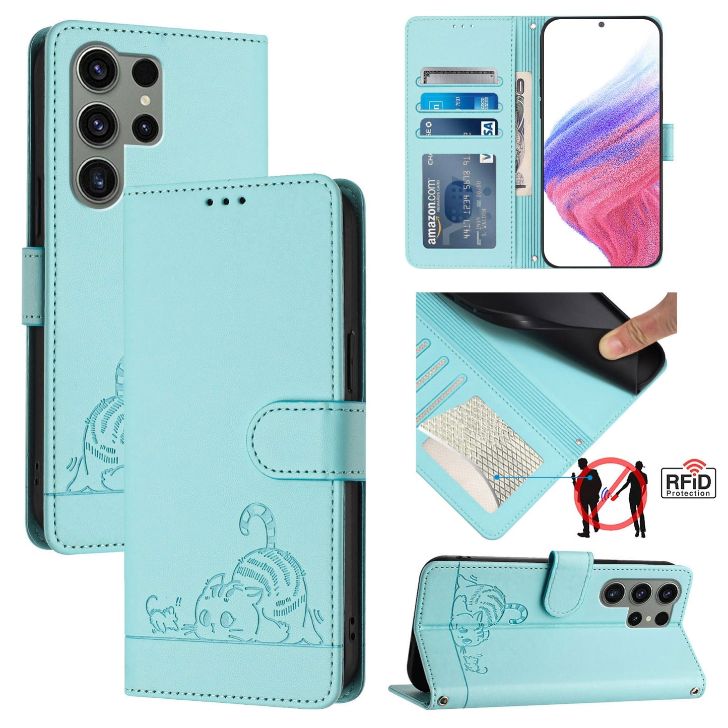 Samsung Galaxy S23 Ultra 5G Cat and Mouse Embossed PU Leather RFID Case with Wallet Slots, Anti-Fall Protection, Kickstand, and Lanyard-buycases.co.uk