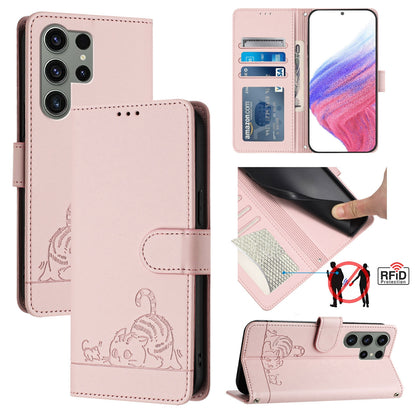 Samsung Galaxy S23 Ultra 5G Cat and Mouse Embossed PU Leather RFID Case with Wallet Slots, Anti-Fall Protection, Kickstand, and Lanyard-buycases.co.uk