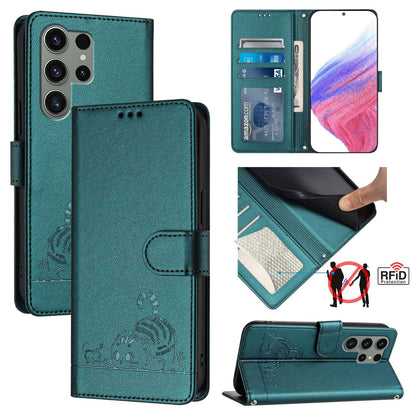 Samsung Galaxy S23 Ultra 5G Cat and Mouse Embossed PU Leather RFID Case with Wallet Slots, Anti-Fall Protection, Kickstand, and Lanyard-buycases.co.uk
