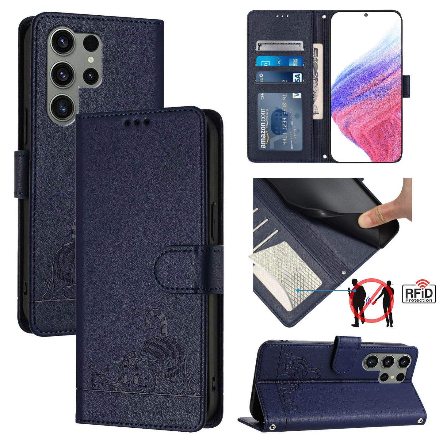 Samsung Galaxy S23 Ultra 5G Cat and Mouse Embossed PU Leather RFID Case with Wallet Slots, Anti-Fall Protection, Kickstand, and Lanyard-buycases.co.uk