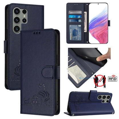 Samsung Galaxy S23 Ultra 5G Cat and Mouse Embossed PU Leather RFID Case with Wallet Slots, Anti-Fall Protection, Kickstand, and Lanyard-buycases.co.uk