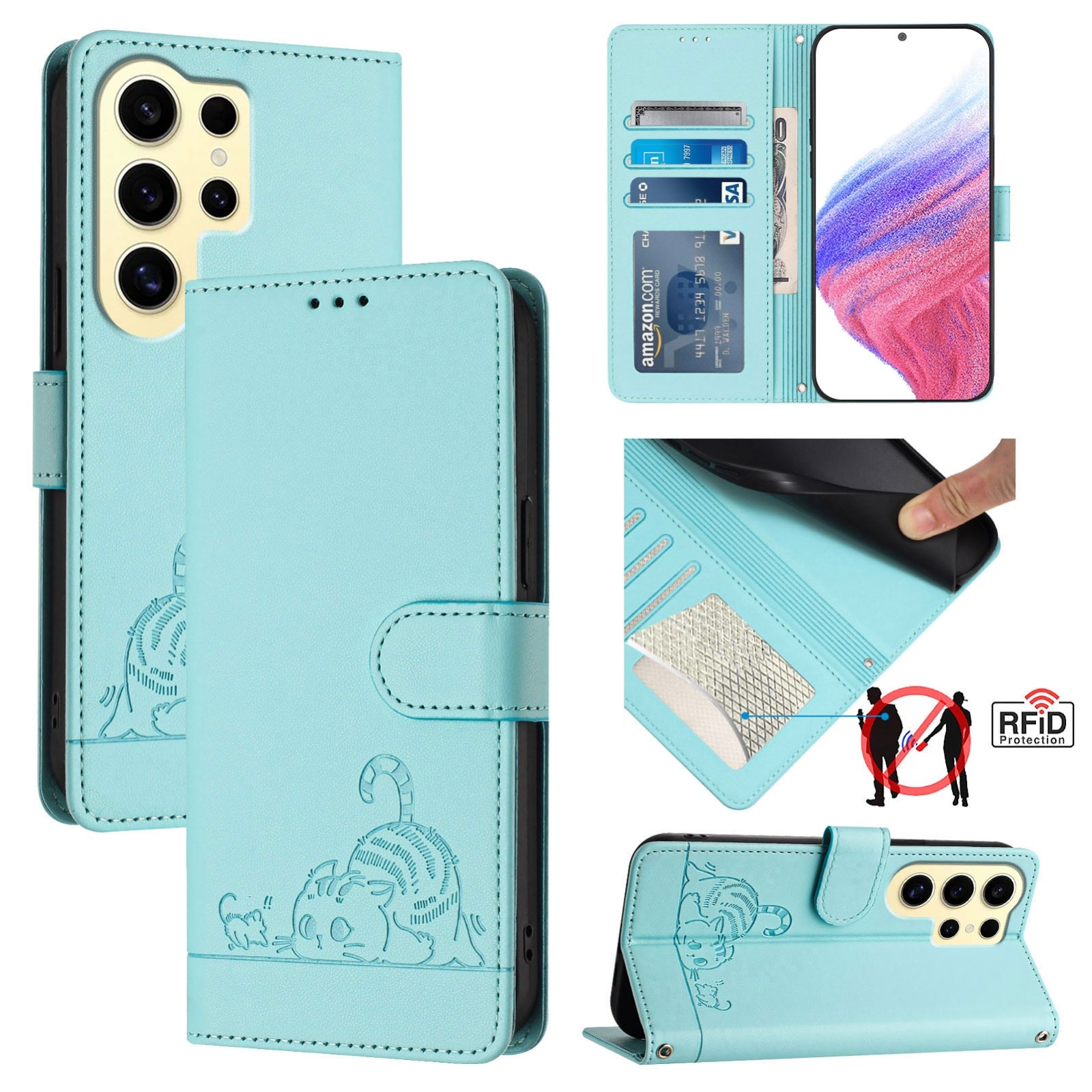 Samsung Galaxy S24 Ultra 5G Cat and Mouse Embossed PU Leather RFID Case with Wallet Slots, Anti-Fall Protection, Kickstand, and Lanyard-buycases.co.uk