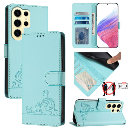 Samsung Galaxy S24 Ultra 5G Cat and Mouse Embossed PU Leather RFID Case with Wallet Slots, Anti-Fall Protection, Kickstand, and Lanyard-buycases.co.uk