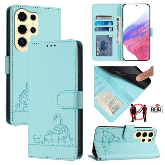Samsung Galaxy S24 Ultra 5G Cat and Mouse Embossed PU Leather RFID Case with Wallet Slots, Anti-Fall Protection, Kickstand, and Lanyard-buycases.co.uk