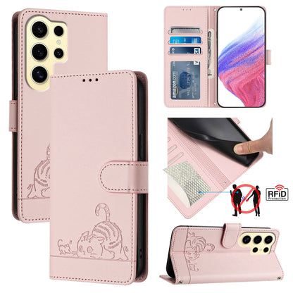 Samsung Galaxy S24 Ultra 5G Cat and Mouse Embossed PU Leather RFID Case with Wallet Slots, Anti-Fall Protection, Kickstand, and Lanyard-buycases.co.uk
