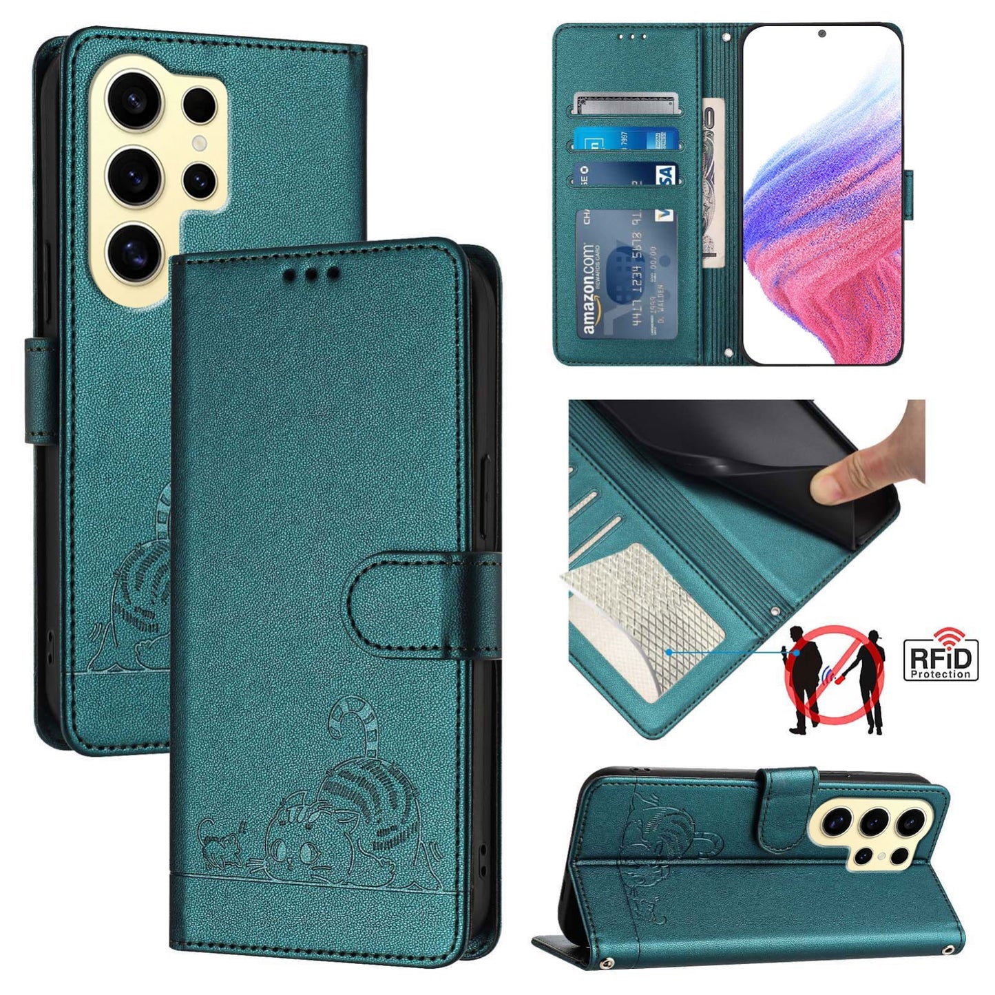 Samsung Galaxy S24 Ultra 5G Cat and Mouse Embossed PU Leather RFID Case with Wallet Slots, Anti-Fall Protection, Kickstand, and Lanyard-buycases.co.uk