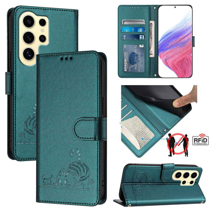 Samsung Galaxy S24 Ultra 5G Cat and Mouse Embossed PU Leather RFID Case with Wallet Slots, Anti-Fall Protection, Kickstand, and Lanyard-buycases.co.uk