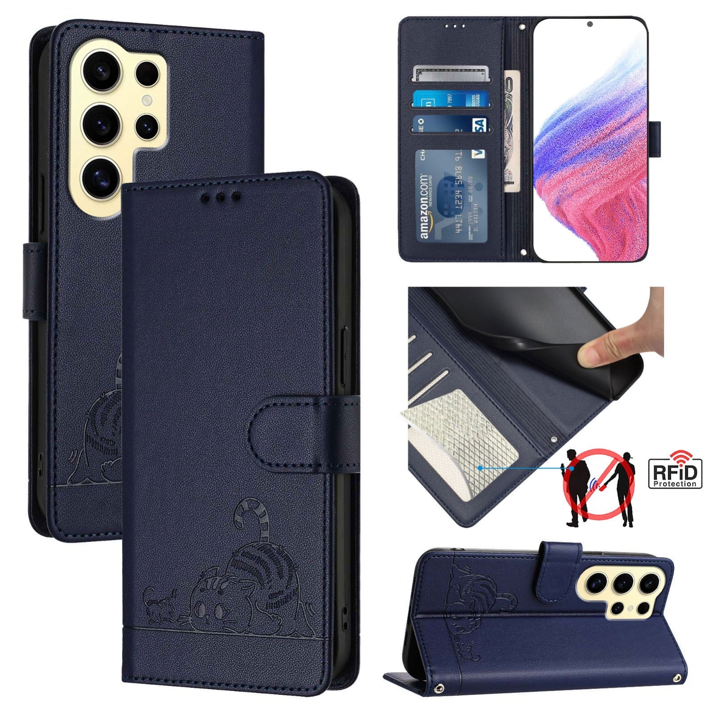 Samsung Galaxy S24 Ultra 5G Cat and Mouse Embossed PU Leather RFID Case with Wallet Slots, Anti-Fall Protection, Kickstand, and Lanyard-buycases.co.uk