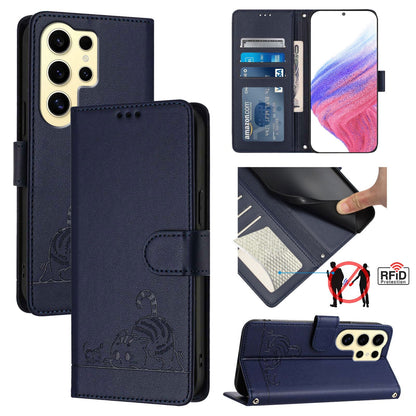 Samsung Galaxy S24 Ultra 5G Cat and Mouse Embossed PU Leather RFID Case with Wallet Slots, Anti-Fall Protection, Kickstand, and Lanyard-buycases.co.uk