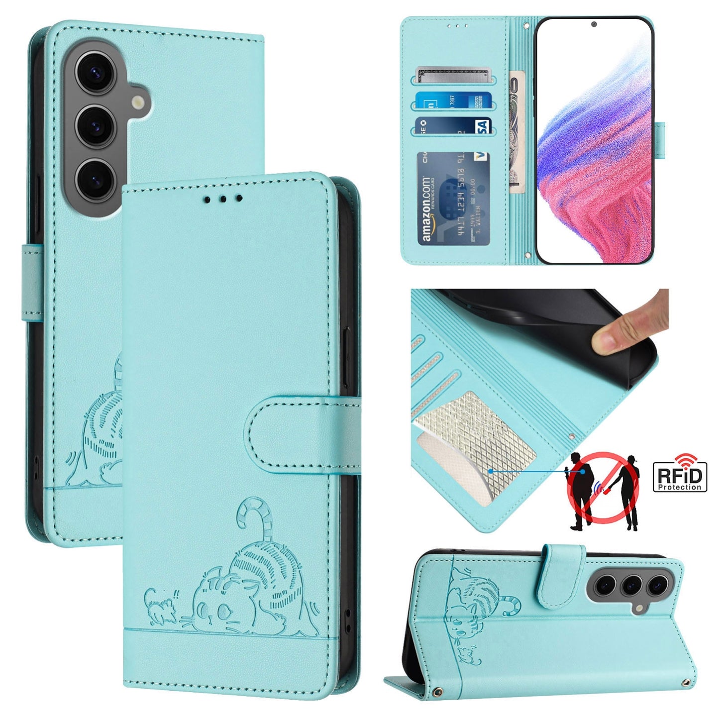 Samsung Galaxy S24+ 5G Cat and Mouse Embossed PU Leather RFID Case with Wallet Slots, Anti-Fall Protection, Kickstand, and Lanyard-buycases.co.uk