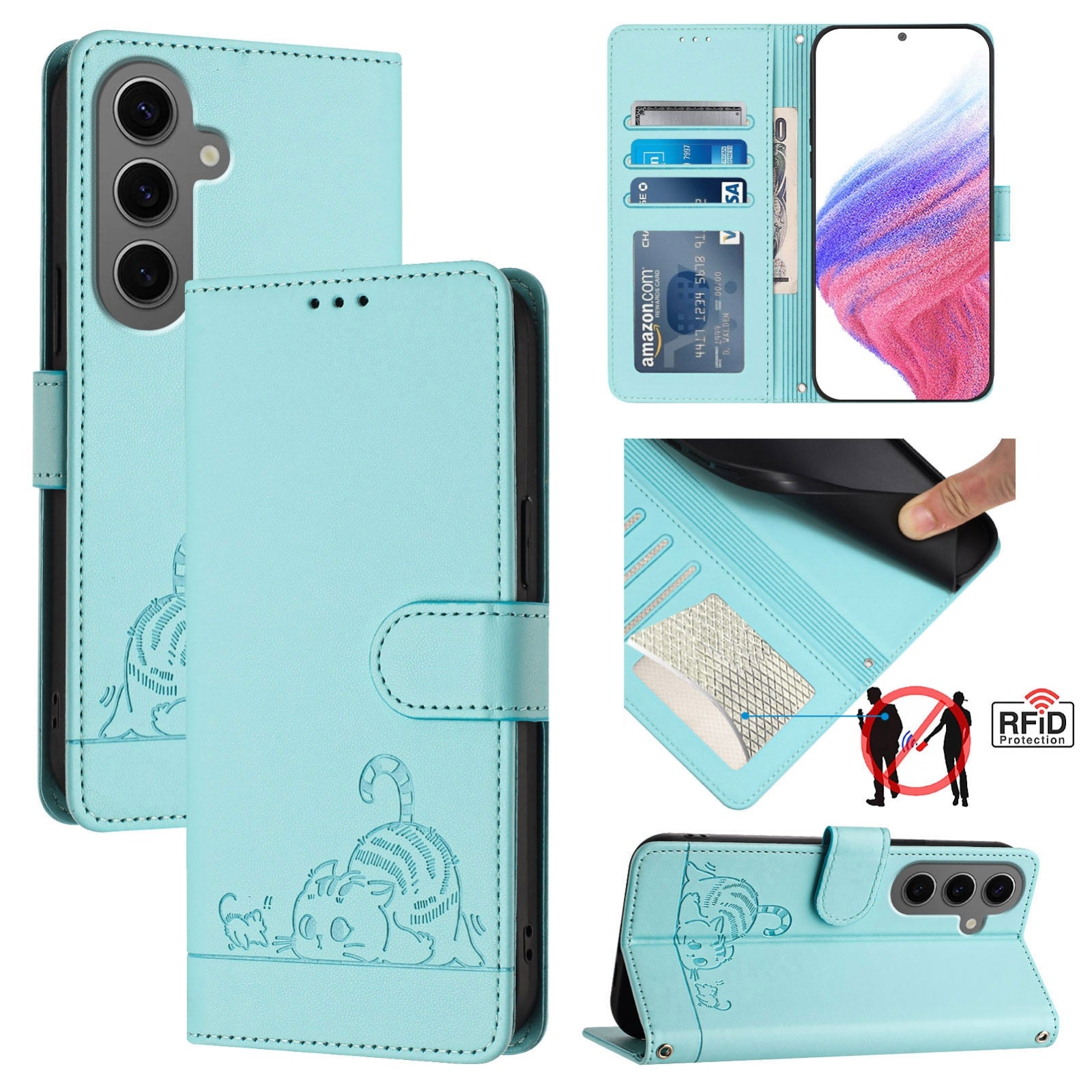 Samsung Galaxy S24+ 5G Cat and Mouse Embossed PU Leather RFID Case with Wallet Slots, Anti-Fall Protection, Kickstand, and Lanyard-buycases.co.uk