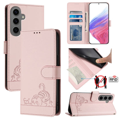 Samsung Galaxy S24+ 5G Cat and Mouse Embossed PU Leather RFID Case with Wallet Slots, Anti-Fall Protection, Kickstand, and Lanyard-buycases.co.uk