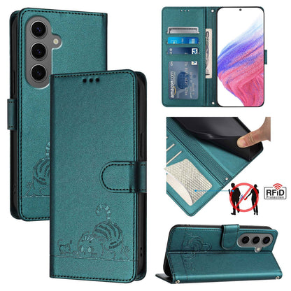 Samsung Galaxy S24+ 5G Cat and Mouse Embossed PU Leather RFID Case with Wallet Slots, Anti-Fall Protection, Kickstand, and Lanyard-buycases.co.uk